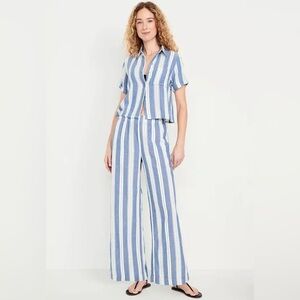 NWT High-Waisted Gauze Linen Super Wide-Leg Pants L | Blue Stripe